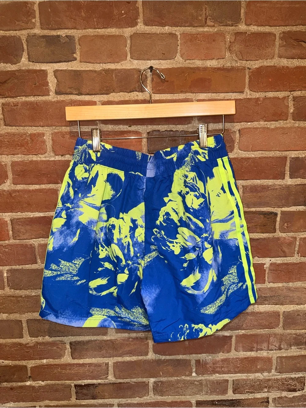 Adidas Men’s Blue & Neon Green Floral Swim Trunks Athletic Shorts